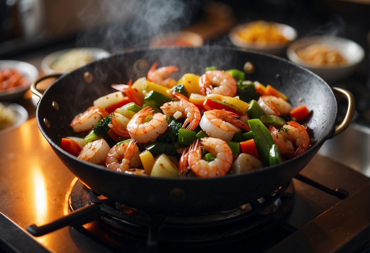 A wok sizzles with shrimp, scallops, and colorful vegetables, as steam rises and the aroma of ginger and garlic fills the air