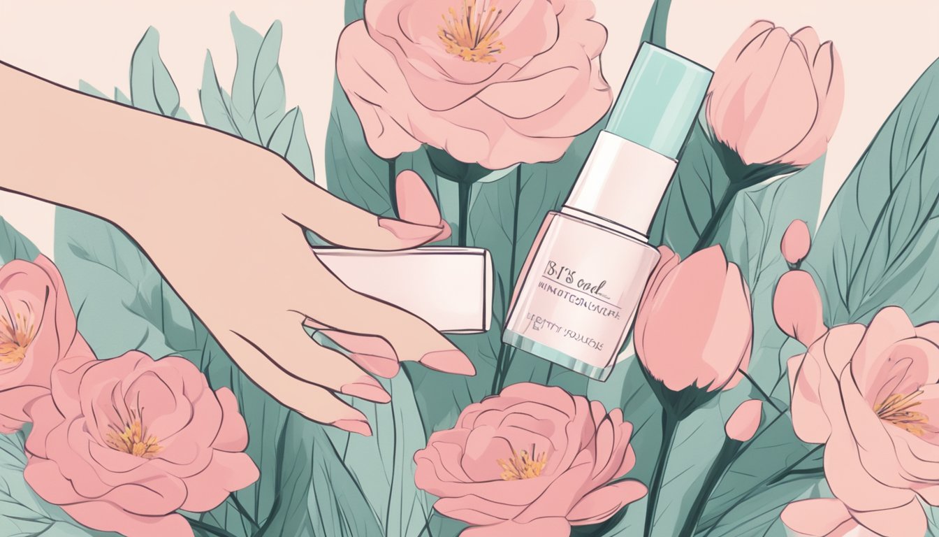A hand holding three tubes of Nurturing Lip Care lipstick, surrounded by soft, pastel-colored flowers and a gentle, natural background
