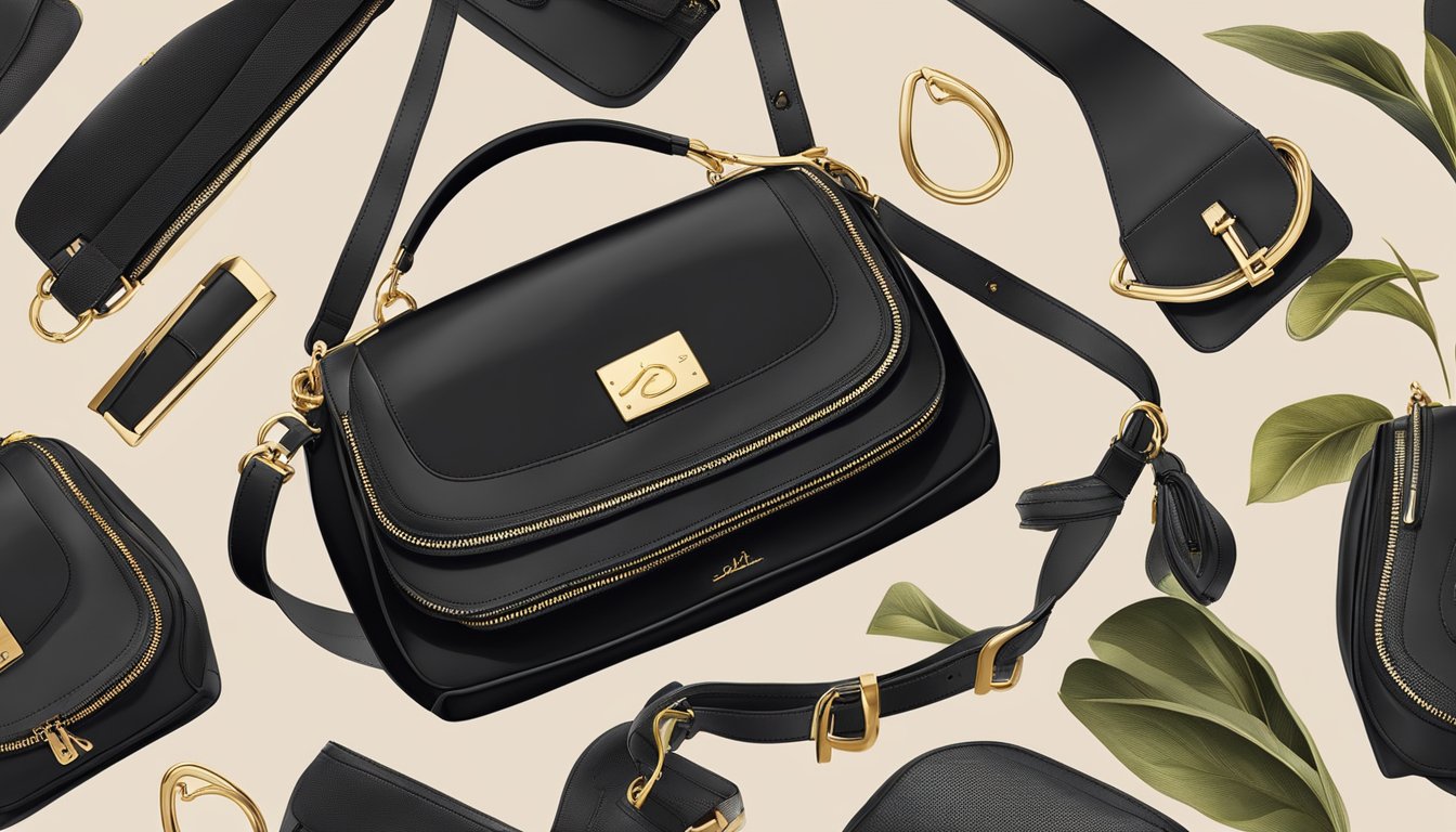 A sleek, black sling bag with gold hardware, featuring multiple pockets and a stylish logo, perfect for the modern woman on the go