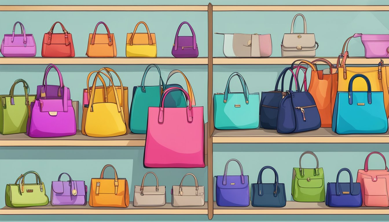 A colorful array of branded sling bags for ladies displayed on shelves with price tags and a "Shopping Guide" sign