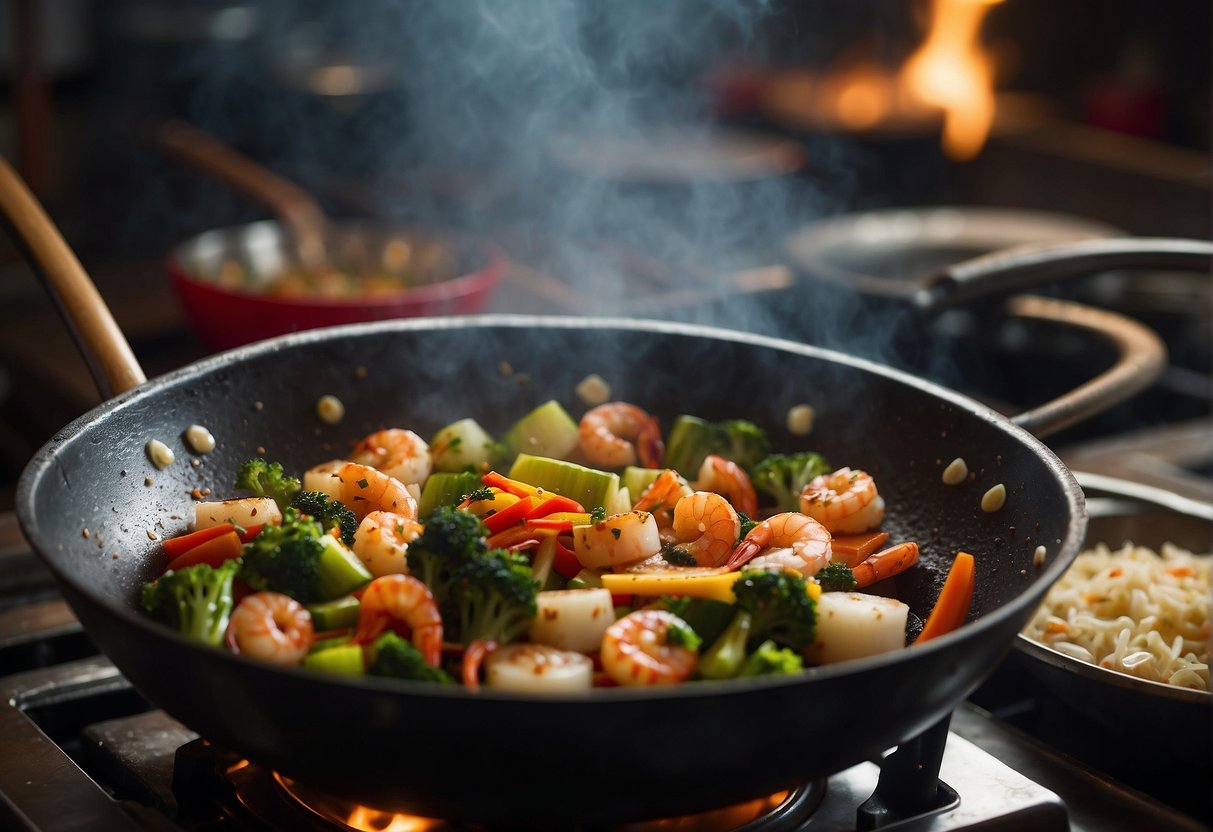 A wok sizzles as shrimp and scallops are stir-fried with colorful vegetables and aromatic seasonings in a bustling Chinese kitchen