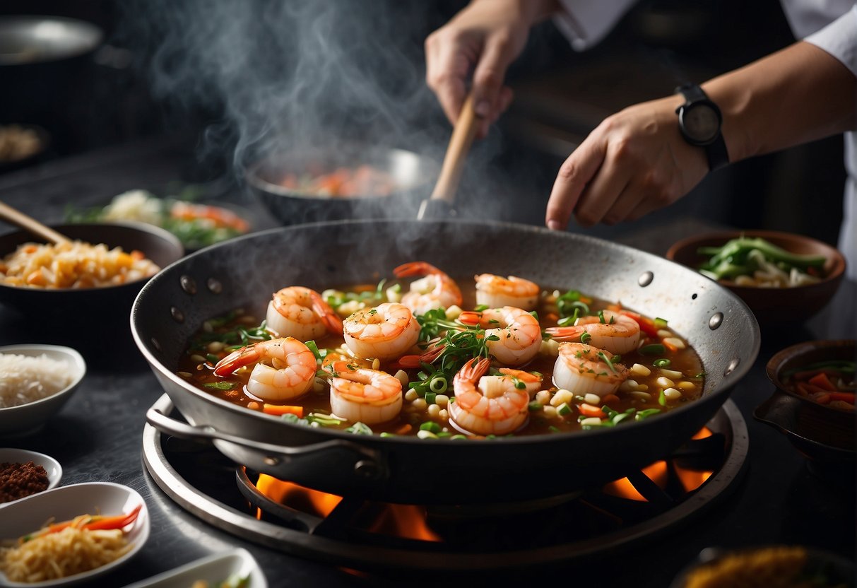A chef stirring a wok filled with sizzling shrimp and scallops, surrounded by traditional Chinese ingredients and cooking utensils