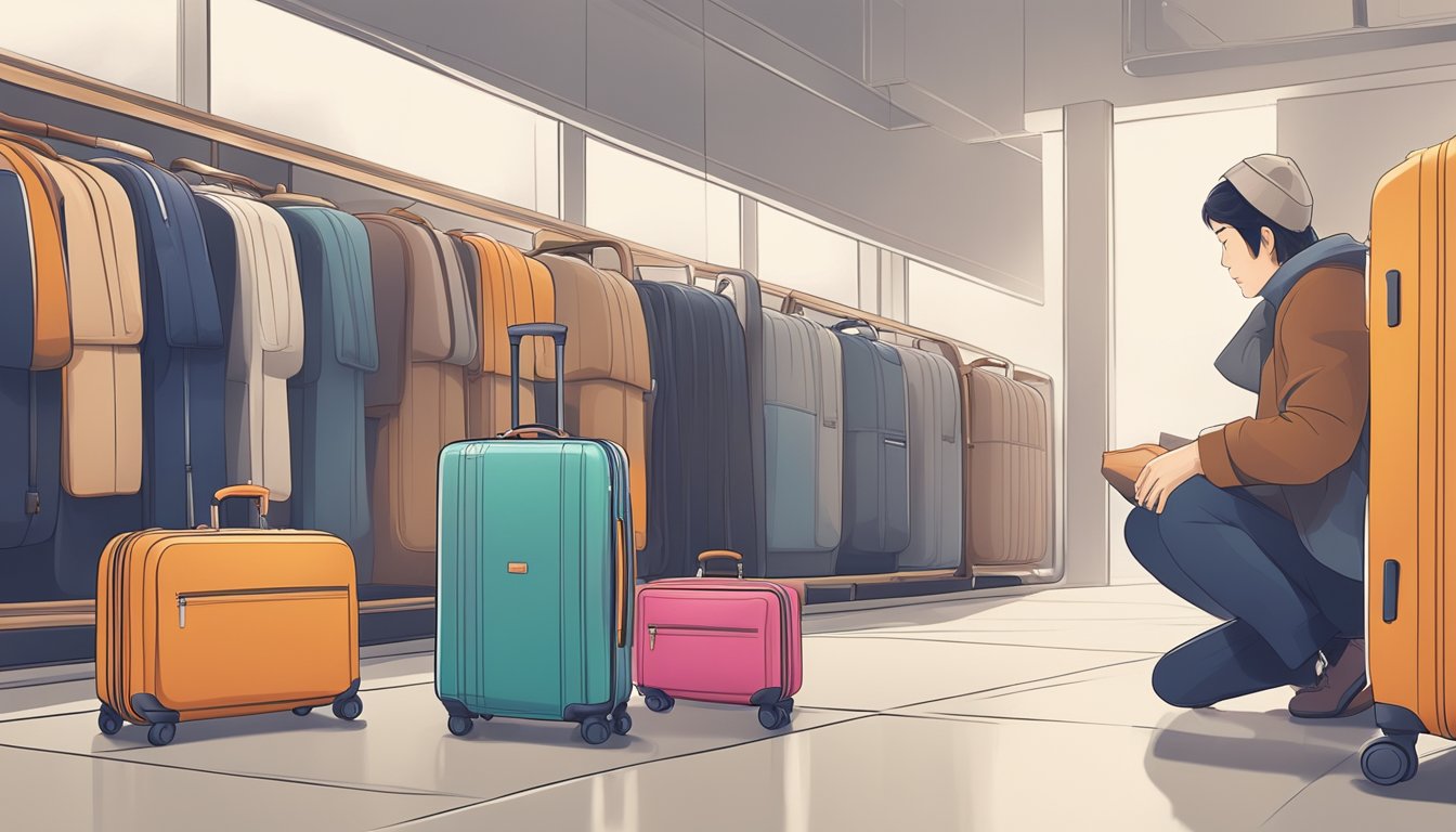 A traveler carefully selects a sleek, minimalist Japanese luggage brand from a display of elegant suitcases and bags