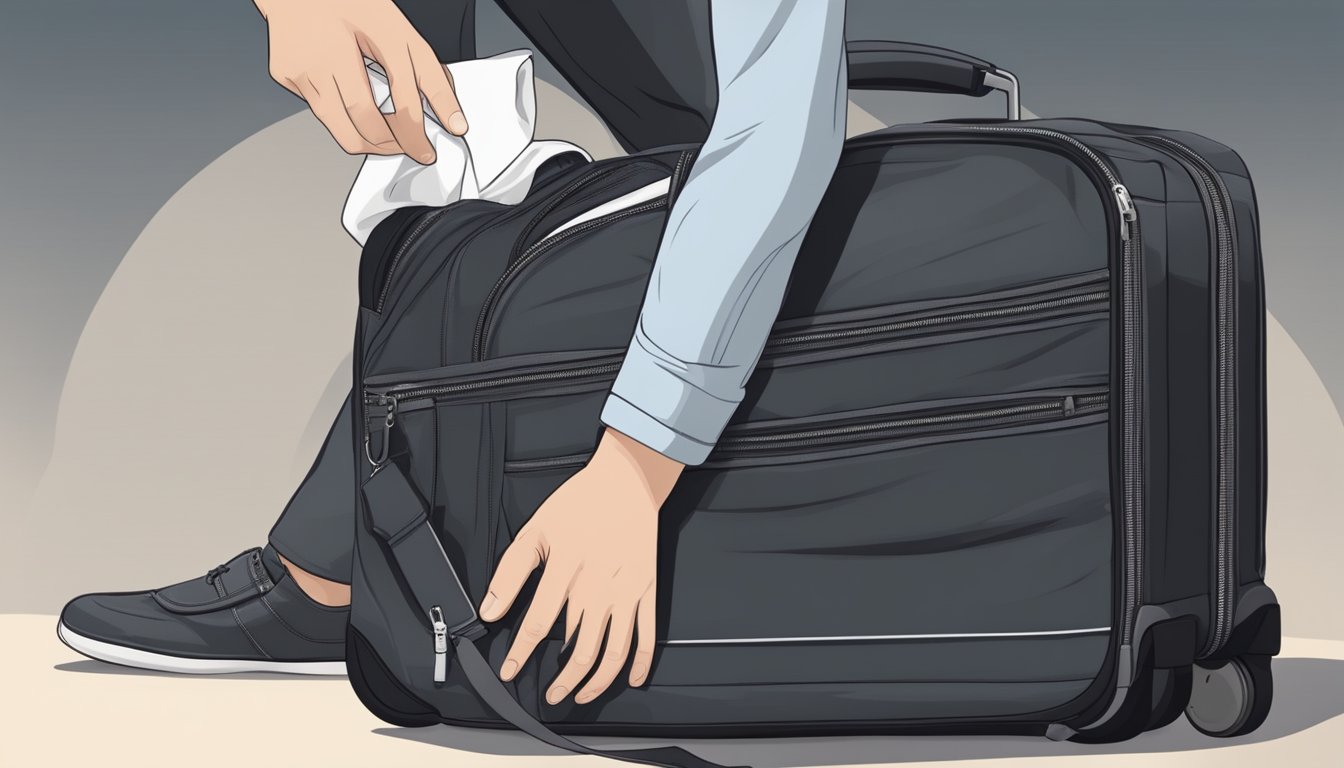 A person gently wipes down a sleek, black Japanese luggage with a soft cloth, carefully inspecting the quality of the material and zippers