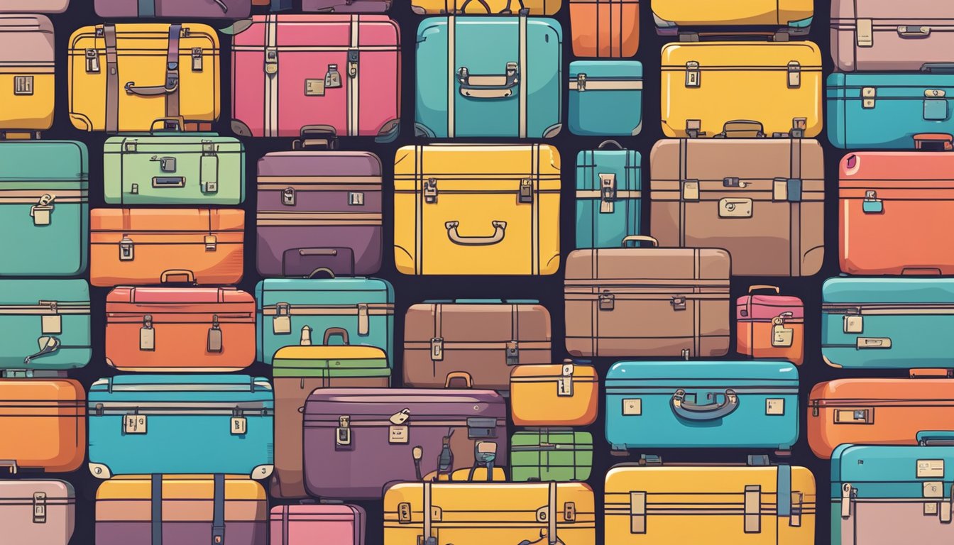 A stack of colorful suitcases with Japanese characters, surrounded by question marks and a helpful customer service representative