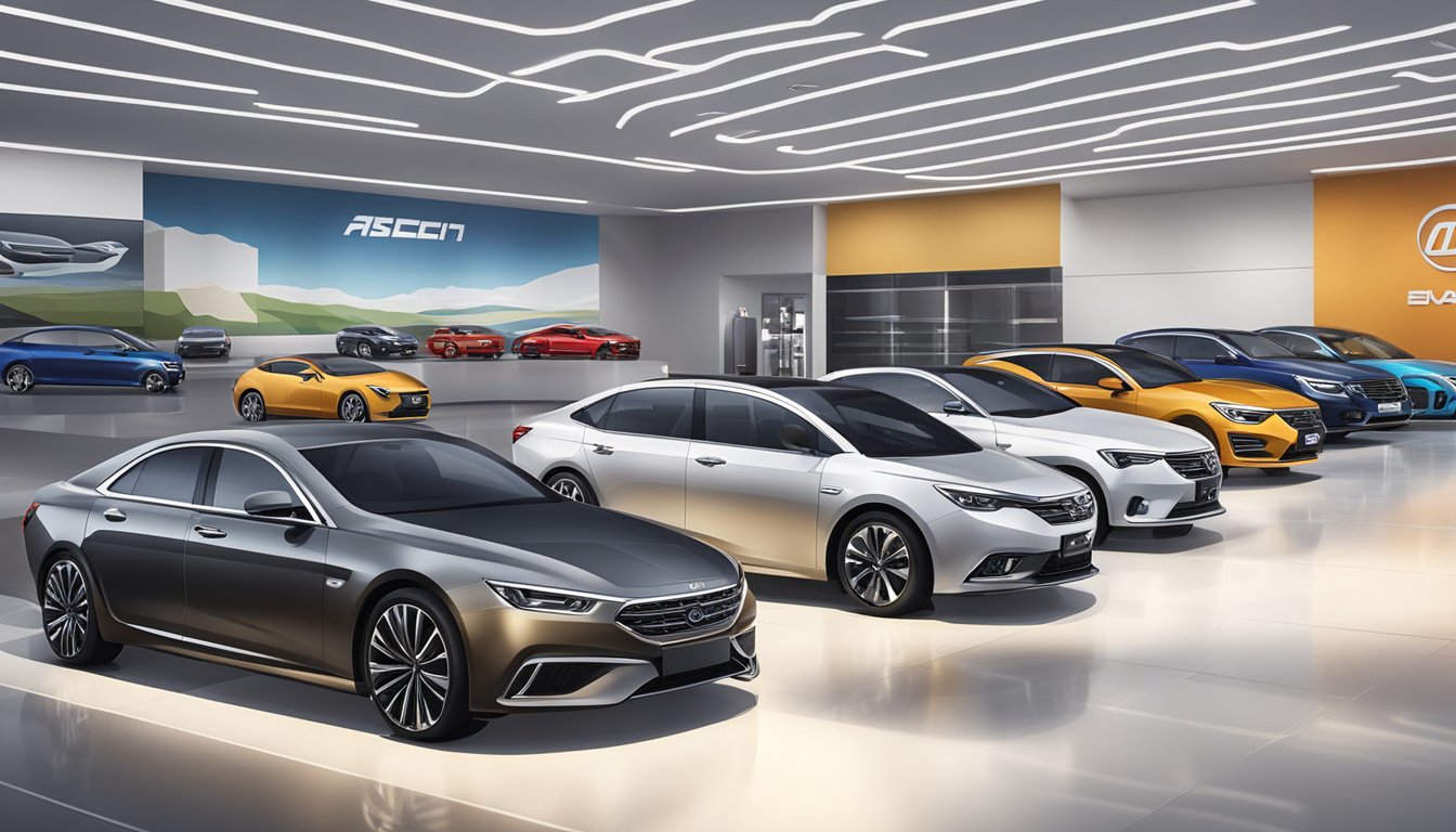 Various Chinese car brands lined up in a showroom, showcasing sleek designs and cutting-edge technology