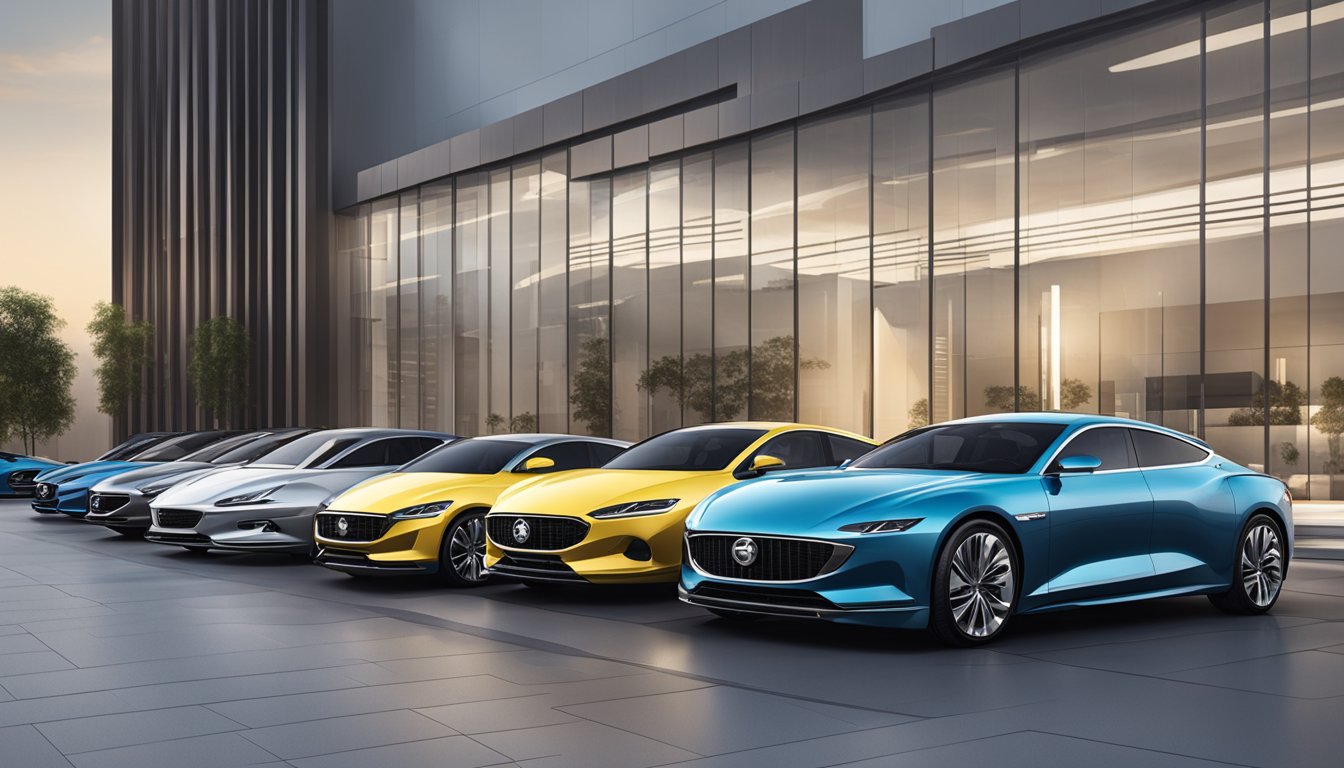 A lineup of sleek Chinese car models parked in front of a modern showroom, with the company logos prominently displayed