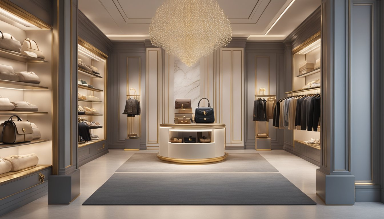 A luxurious store display with the most expensive bag brand showcased on a velvet-lined shelf, surrounded by soft lighting and elegant decor