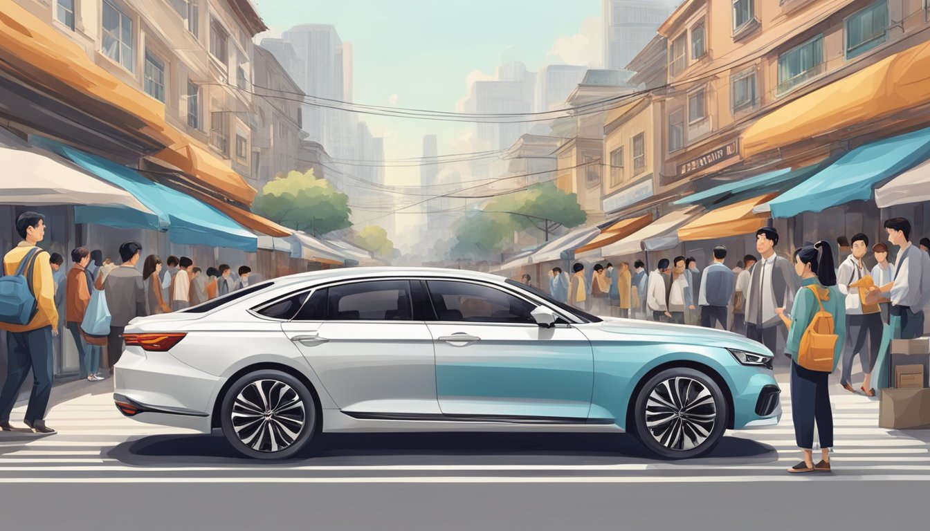 Chinese car brands displayed in a bustling market, with consumers examining and comparing different models. Trendy designs and advanced features catch shoppers' attention