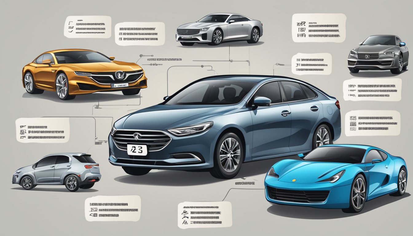 A table with various Chinese car logos, surrounded by question marks and a list of common inquiries