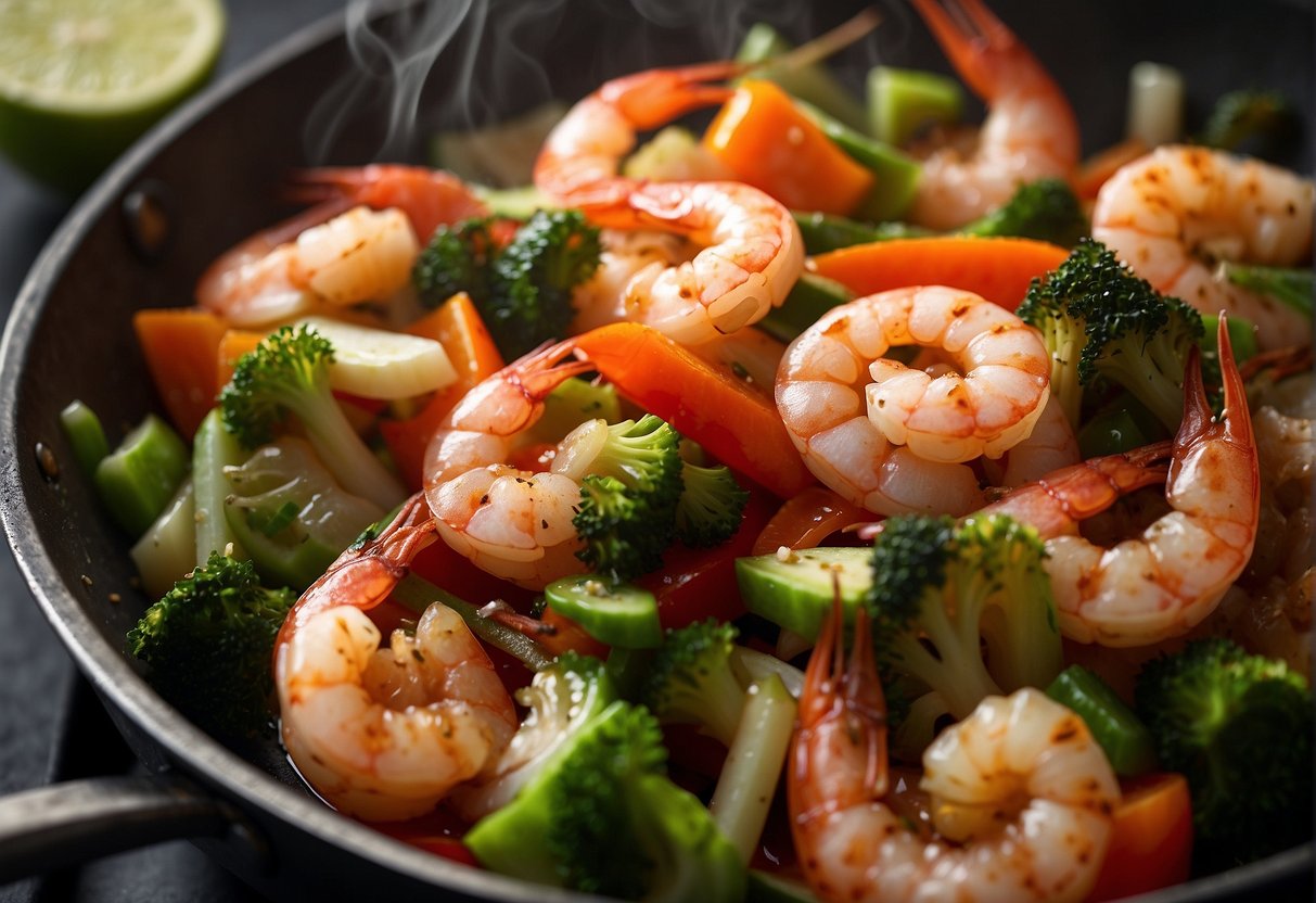 Shrimp, vegetables, and sauce sizzle in a wok over high heat, creating a fragrant and colorful stir-fry
