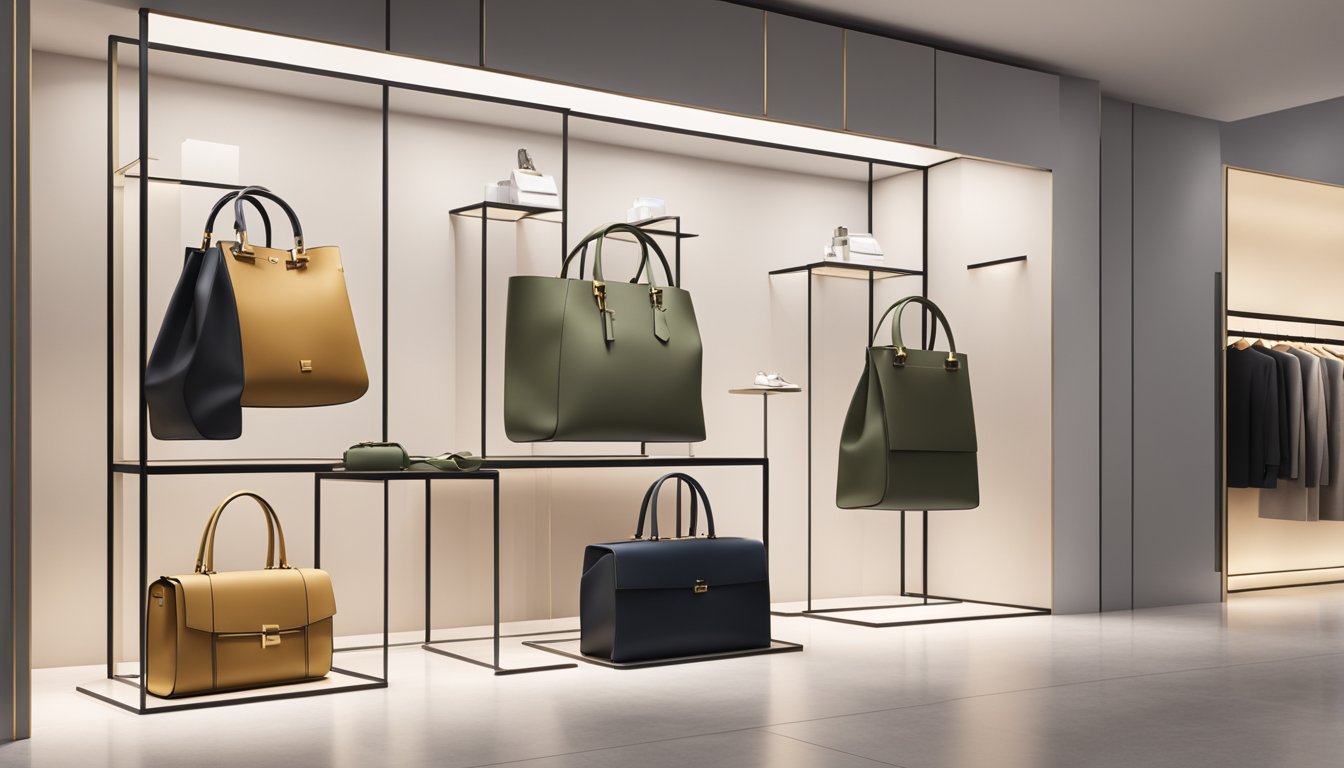 A luxurious, exclusive bag brand showcased in a sleek, minimalist store with elegant displays and high-end materials