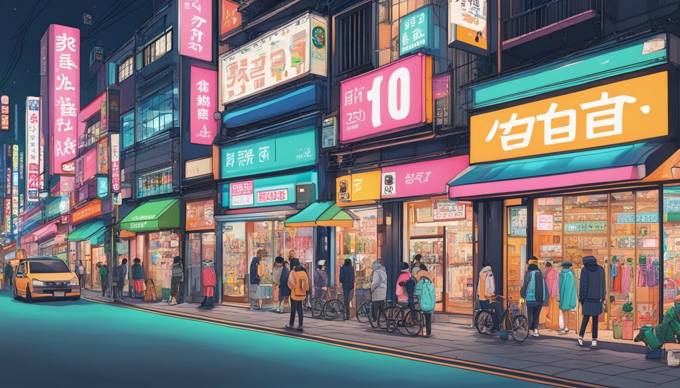 Vibrant storefronts line a bustling Tokyo street, showcasing bold and eclectic Japanese streetwear brands. Neon signs and colorful displays catch the eye of passersby