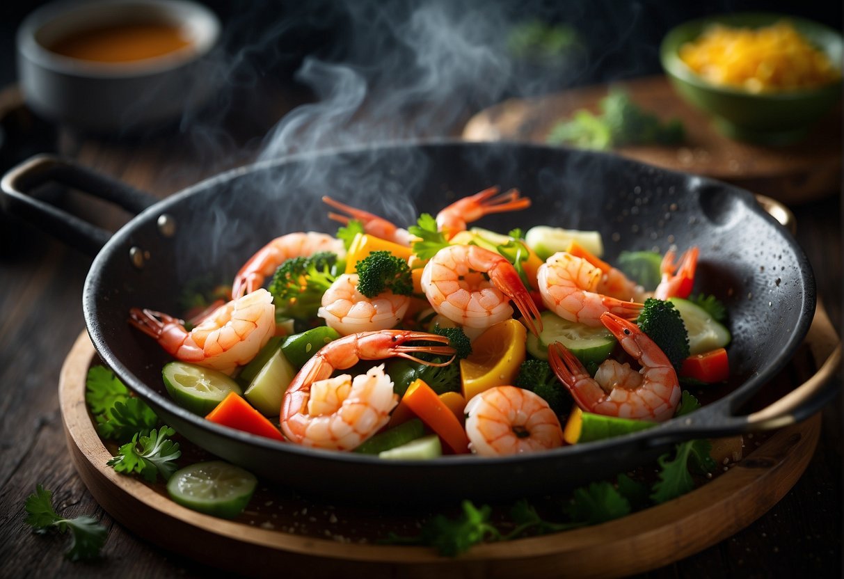 Shrimp, vegetables, and sauce sizzling in a wok over high heat. Steam rising, vibrant colors, and the aroma of garlic and ginger filling the air