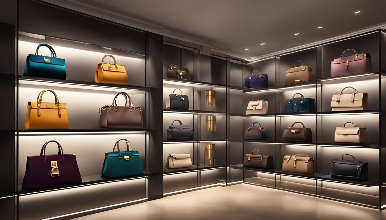 Luxury bags displayed on velvet shelves under soft spotlight. Brand logos gleam in the dimly lit room, exuding exclusivity and opulence
