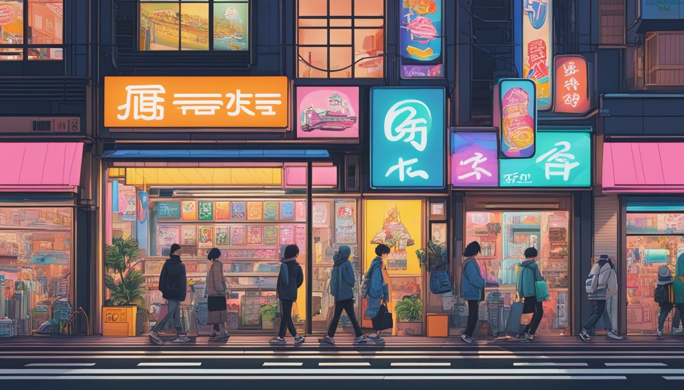 A bustling Tokyo street lined with vibrant storefronts showcasing iconic Japanese streetwear brands. Neon signs and colorful displays catch the eye of passersby