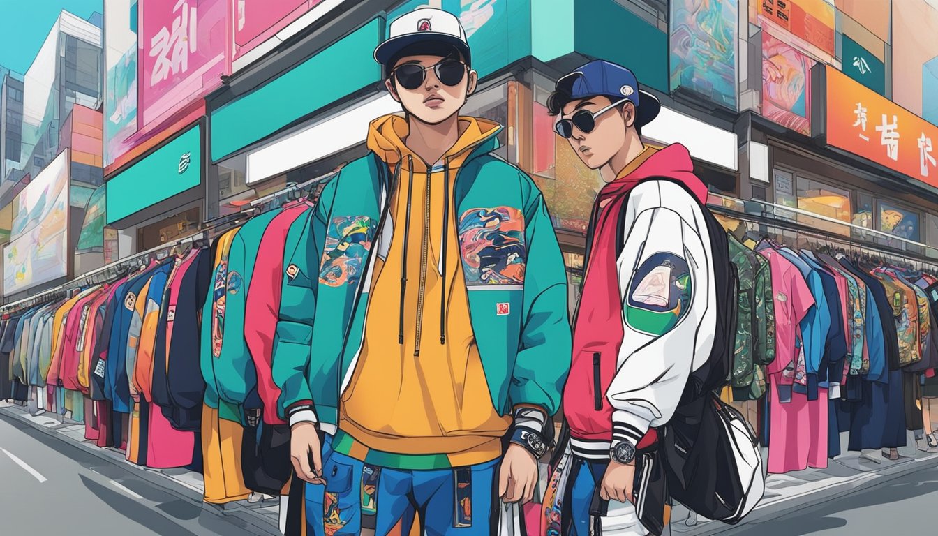 Several Japanese streetwear brands collaborate, showcasing unique designs and crossovers in a bustling urban setting. Vibrant colors and bold graphics adorn storefronts and billboards, capturing the essence of the streetwear culture