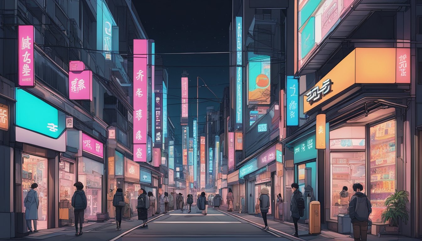 Vibrant neon signs illuminate bustling Tokyo street lined with avant-garde fashion boutiques and trendy pop-up shops. Futuristic architecture and sleek, minimalist designs dominate the landscape, capturing the essence of Japanese streetwear