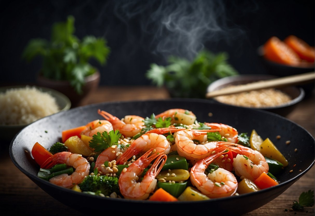A sizzling wok filled with colorful stir-fried shrimp, mixed vegetables, and savory sauce, garnished with fresh cilantro and sesame seeds