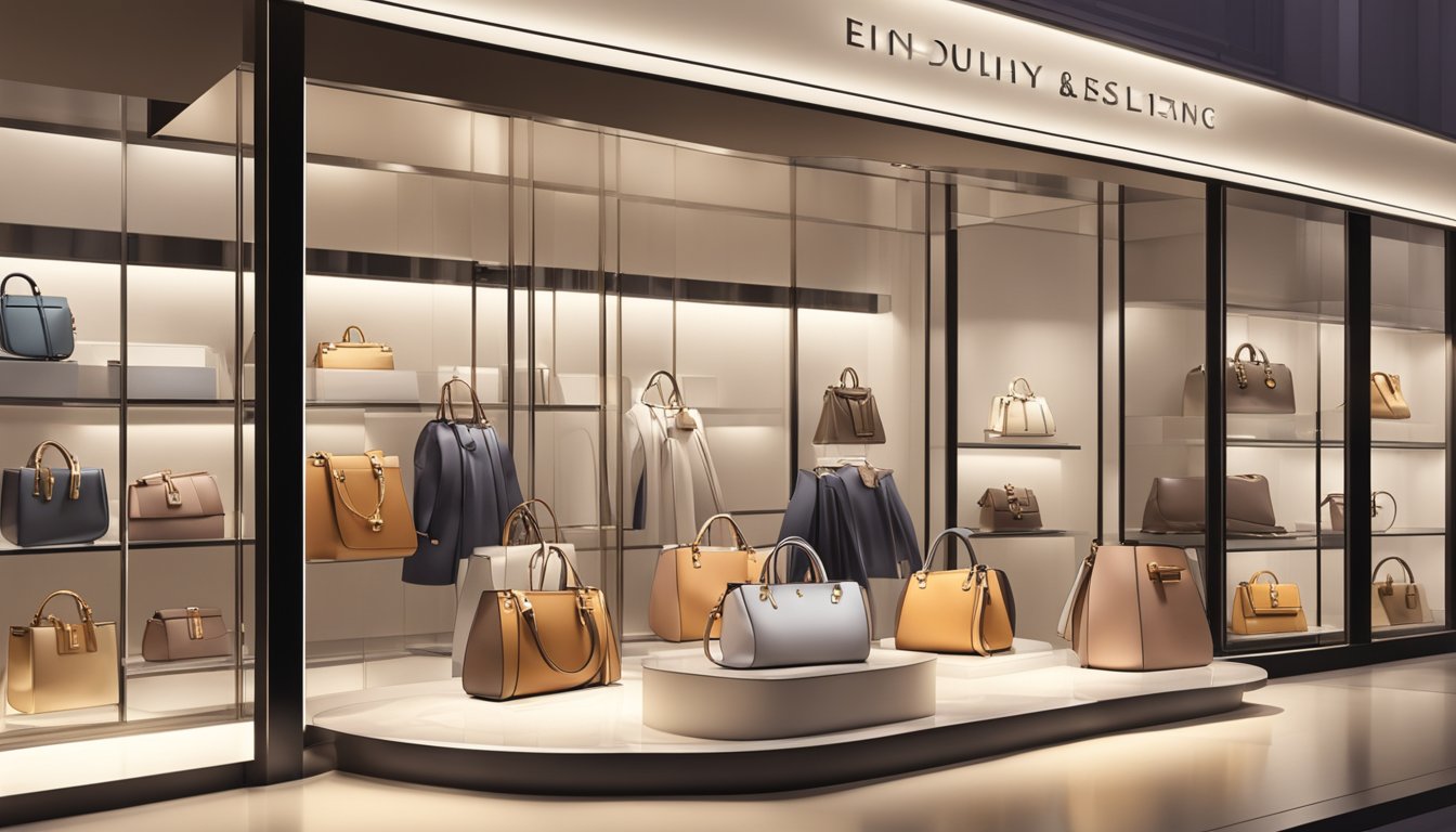 A luxurious designer handbag displayed in a high-end store window, surrounded by elegant lighting and a sophisticated backdrop