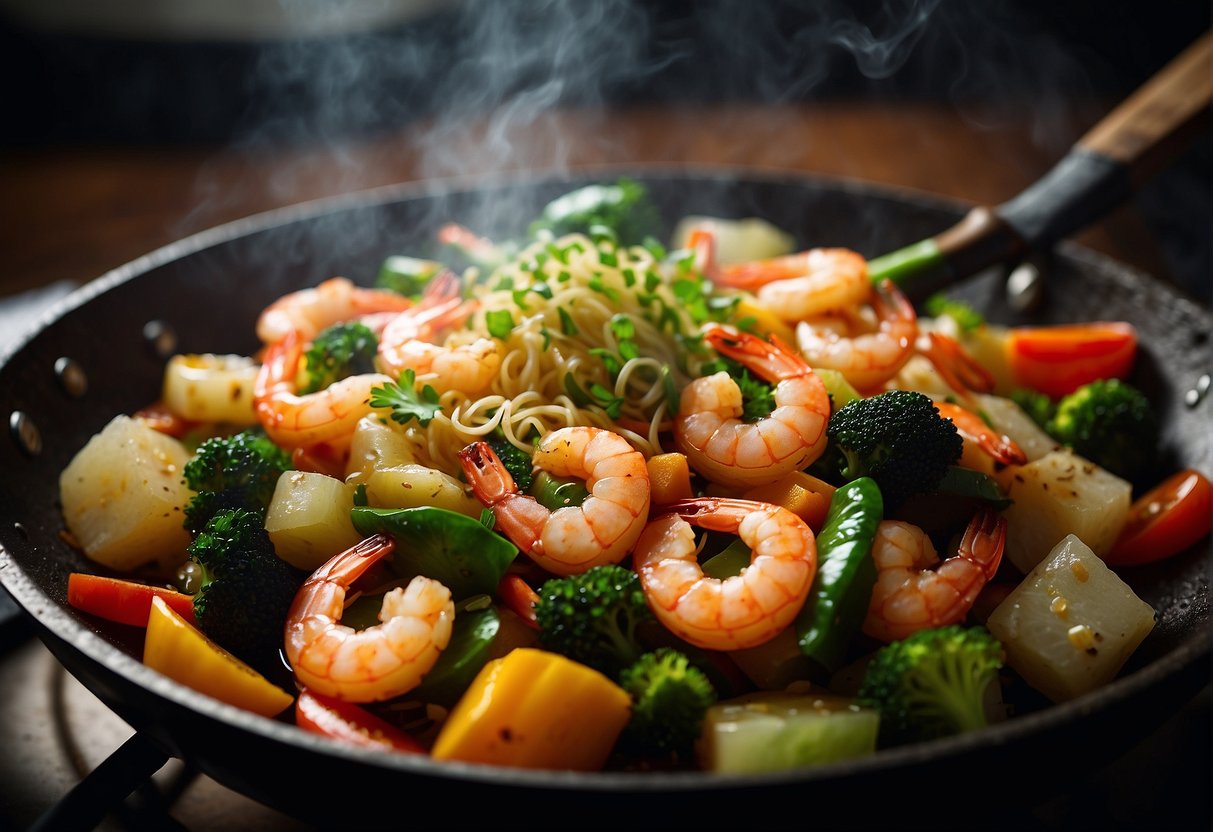 A sizzling wok filled with colorful stir-fried vegetables and succulent shrimp, emitting the aroma of garlic, ginger, and soy sauce
