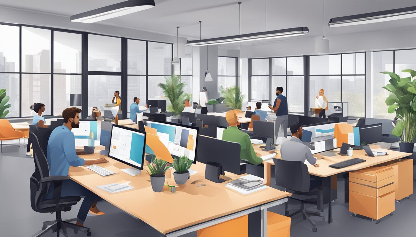Employees working in a modern, collaborative office space with branded company materials and a strong sense of community and culture