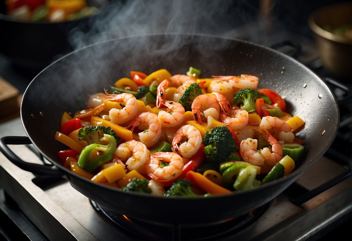 A wok sizzles with shrimp and colorful vegetables in a fragrant stir fry sauce, steam rising as the ingredients are expertly tossed together
