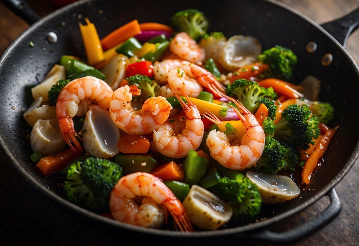 A sizzling wok filled with colorful vegetables and plump shrimp, surrounded by bottles of soy sauce, oyster sauce, and sesame oil