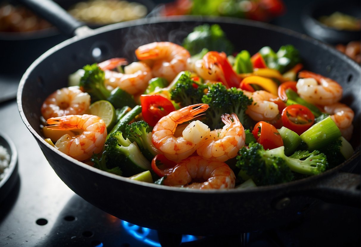 A sizzling wok filled with colorful stir-fried shrimp and an assortment of fresh, vibrant vegetables, emitting a delicious aroma