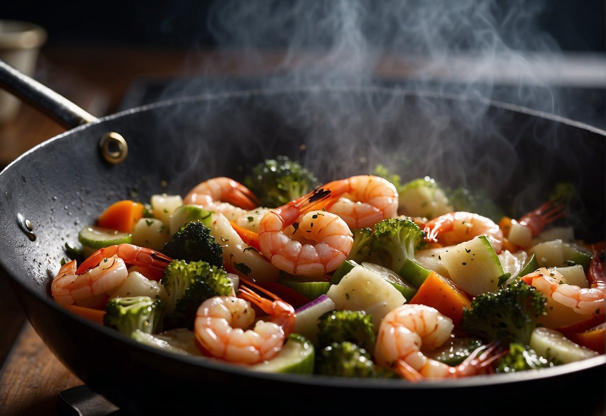 Shrimp and vegetables sizzling in a wok, steam rising, chef tossing ingredients with a spatula