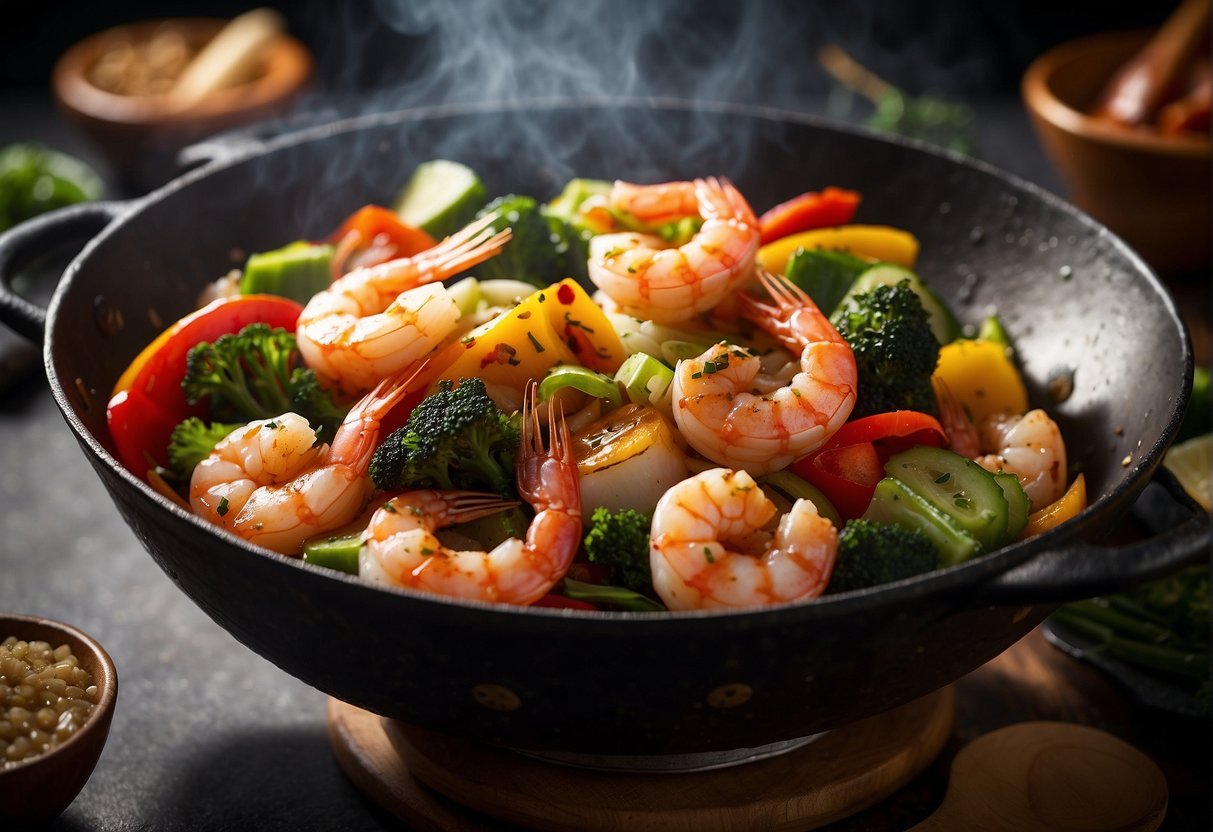 A sizzling wok filled with colorful vegetables and plump shrimp, surrounded by a variety of aromatic sauces and spices