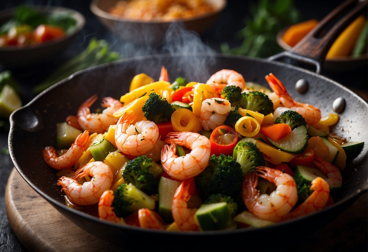 A sizzling wok with colorful vegetables and plump shrimp being tossed in a fragrant sauce, ready to be served over steamed rice