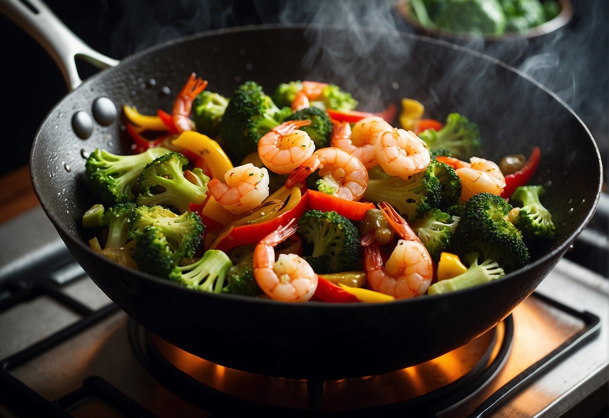A sizzling wok tosses shrimp, broccoli, and bell peppers in a fragrant sauce. Steam rises as the colorful stir-fry comes together