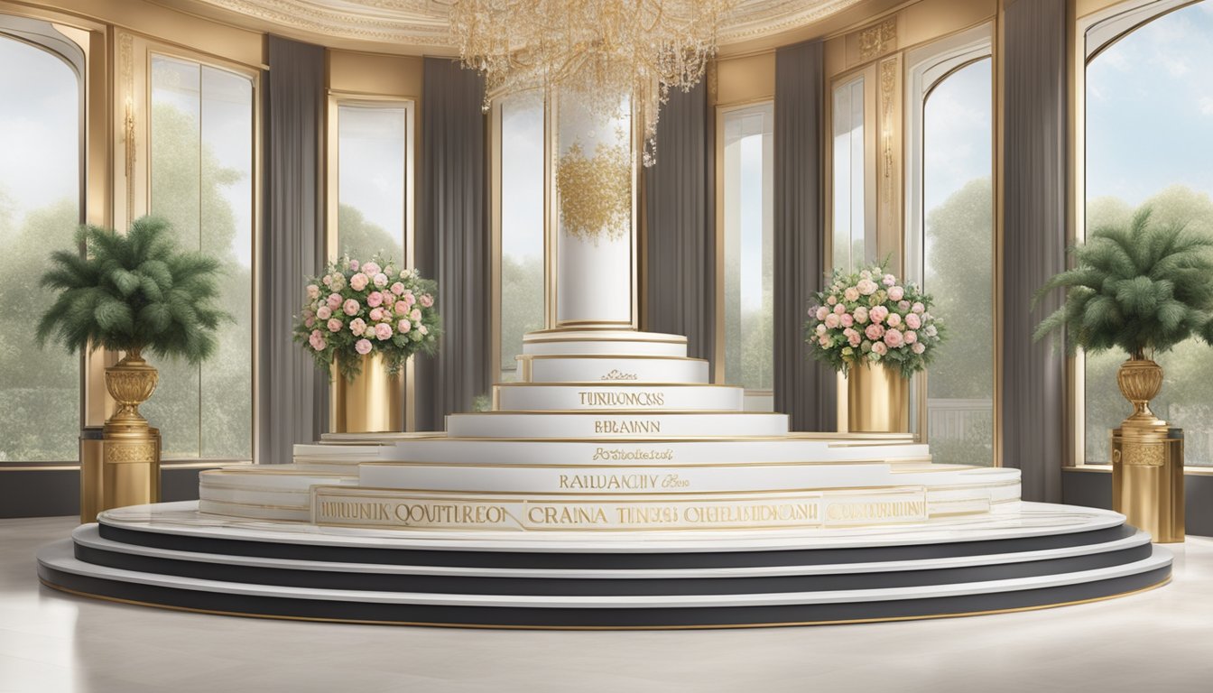 A grand tiered podium showcases luxury brands, with the top tier adorned with the most prestigious names in opulent lettering