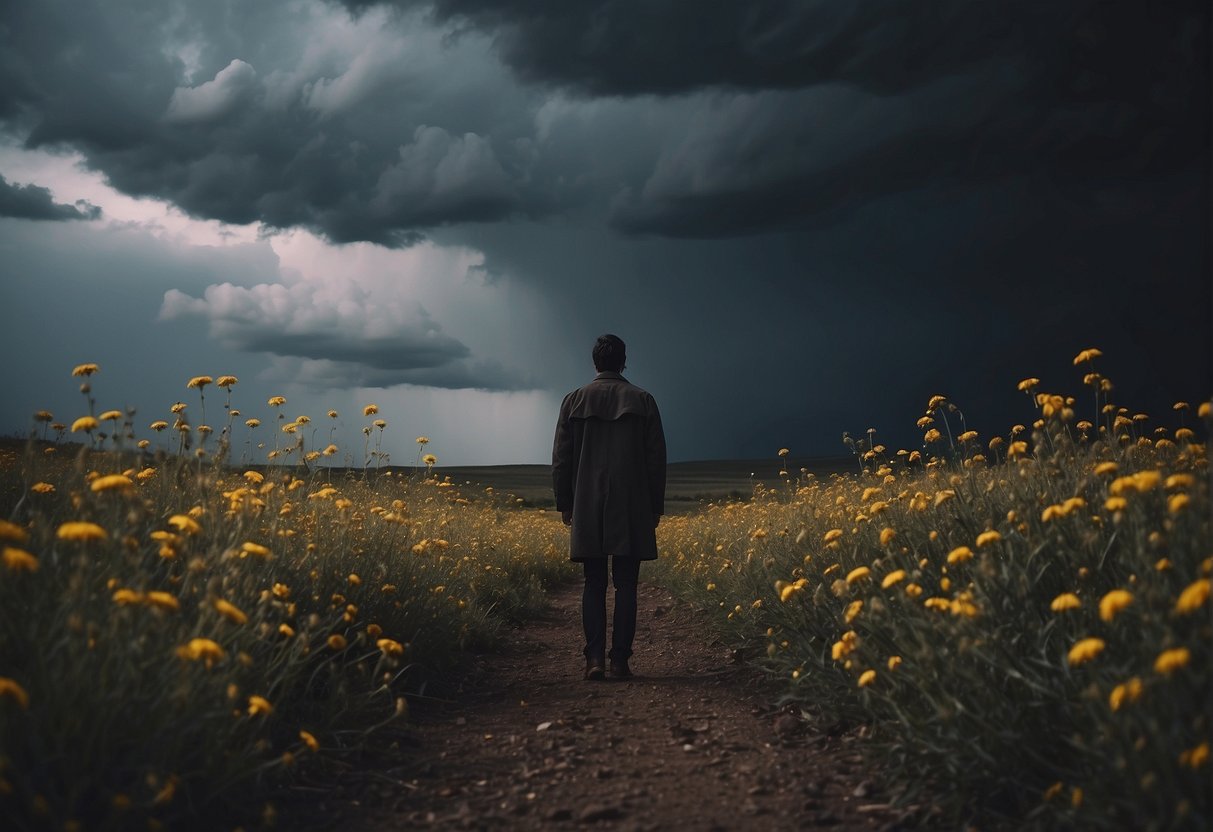 A figure stands alone in a desolate landscape, surrounded by wilting flowers and dark storm clouds. A sense of loss and grief hangs heavy in the air