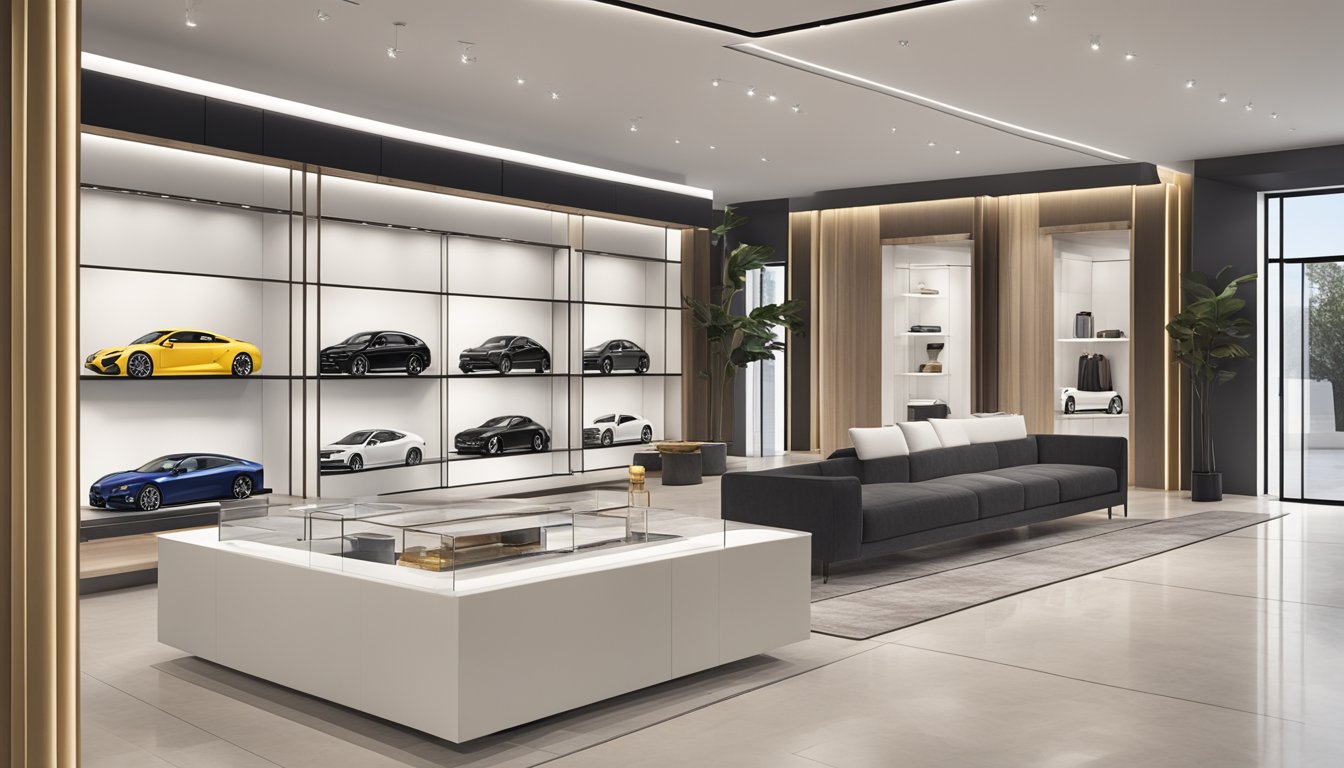 A sleek, modern showroom displays a tier list of luxury brands, showcasing craftsmanship and quality in elegant, refined designs