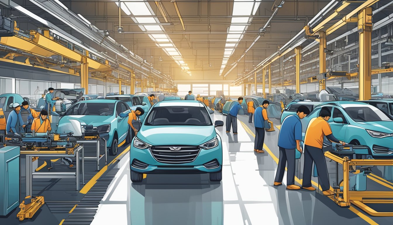 A bustling Malaysian car factory with workers assembling vehicles on the production line, while managers oversee operations and engineers work on designing new models