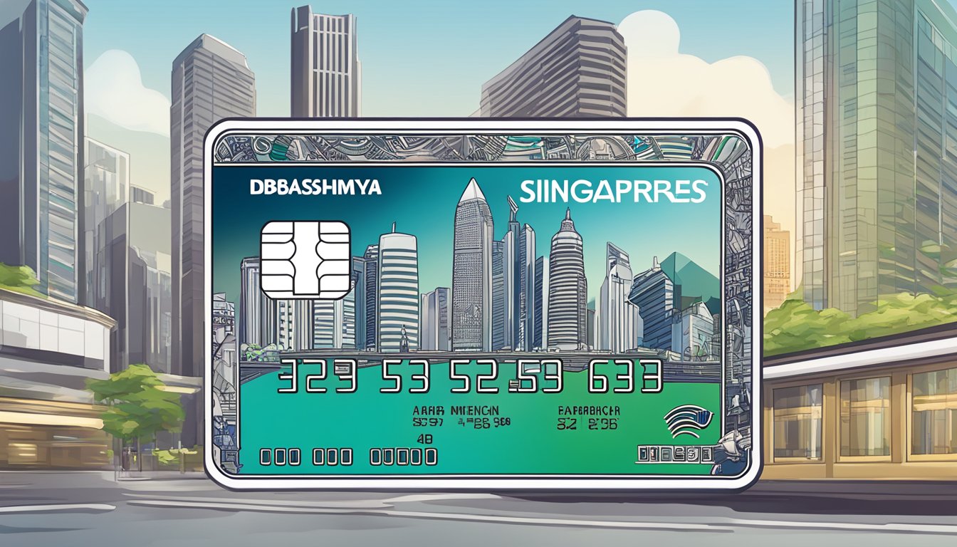 A DBS Takashimaya American Express card displayed with Singaporean landmarks in the background