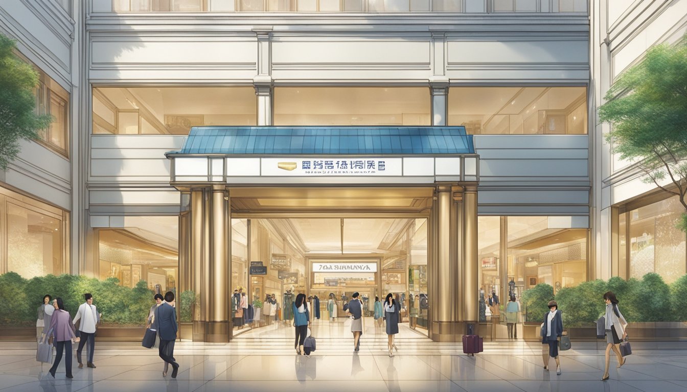The Takashimaya DBS Takashimaya American Express Card offers exclusive benefits. Show a luxurious shopping scene with branded items and a grand department store backdrop