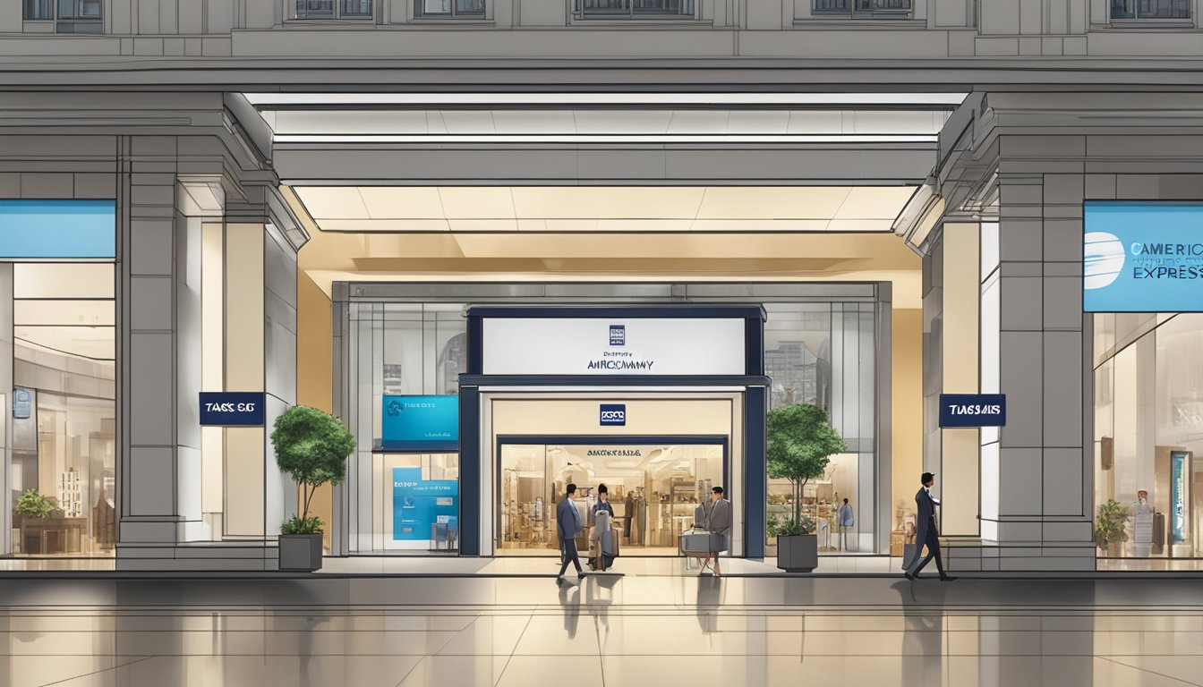 The scene shows a sleek DBS Takashimaya American Express credit card against a backdrop of the iconic Takashimaya department store in Singapore. The card is prominently displayed, with the store's recognizable logo in the background