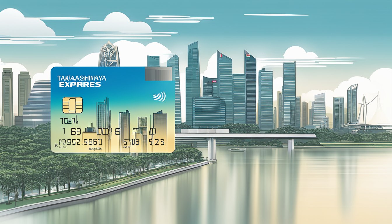 The DBS Takashimaya American Express Card displayed with terms and conditions text, logo, and Singapore skyline in the background