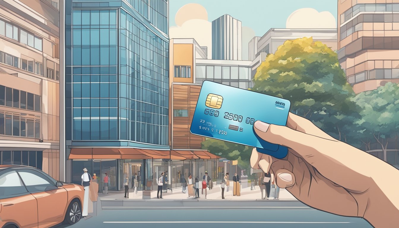 A sleek, modern credit card is being swiped at a high-end retail store in Singapore, with the iconic Takashimaya building in the background