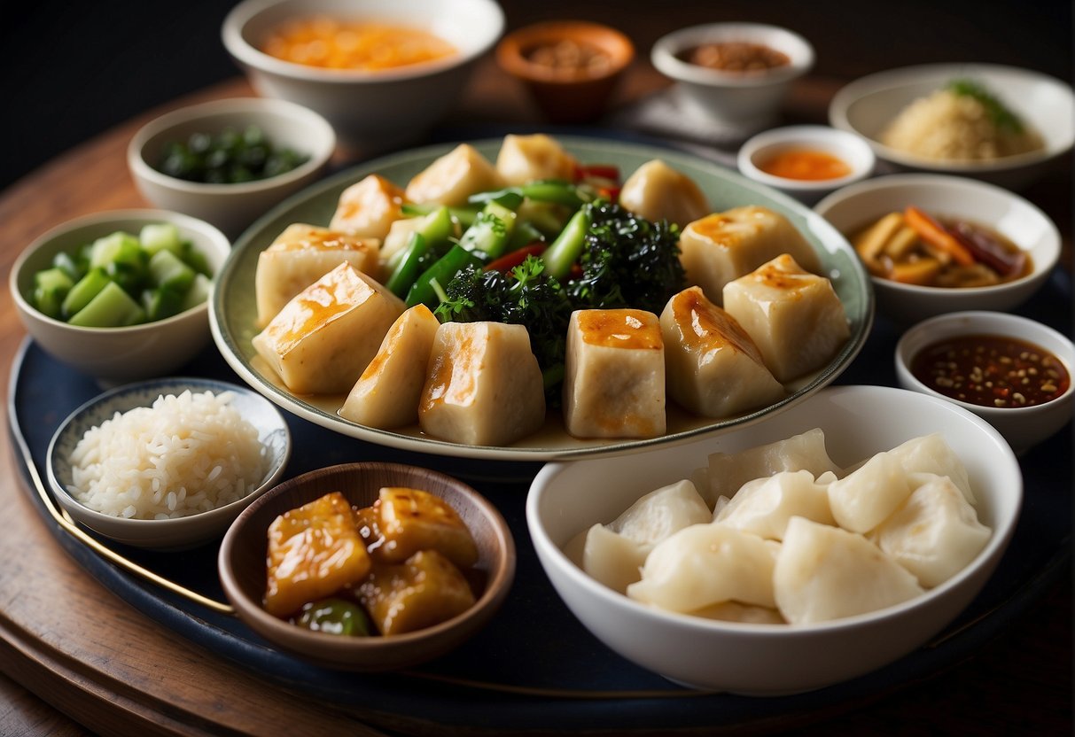A table set with various Chinese side dishes, including stir-fried vegetables, steamed dumplings, and fried tofu