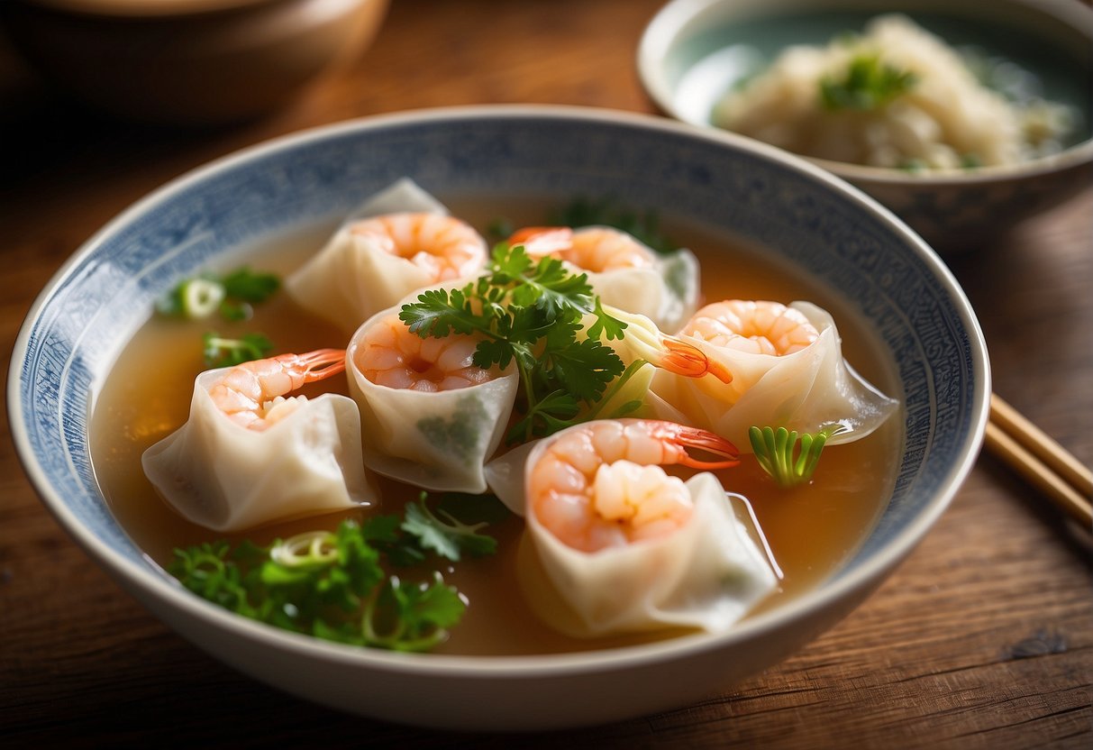 A bowl of shrimp wonton soup sits on a wooden table, steam rising from the delicate dumplings in a fragrant broth. A pair of chopsticks rests on the side, ready to be used