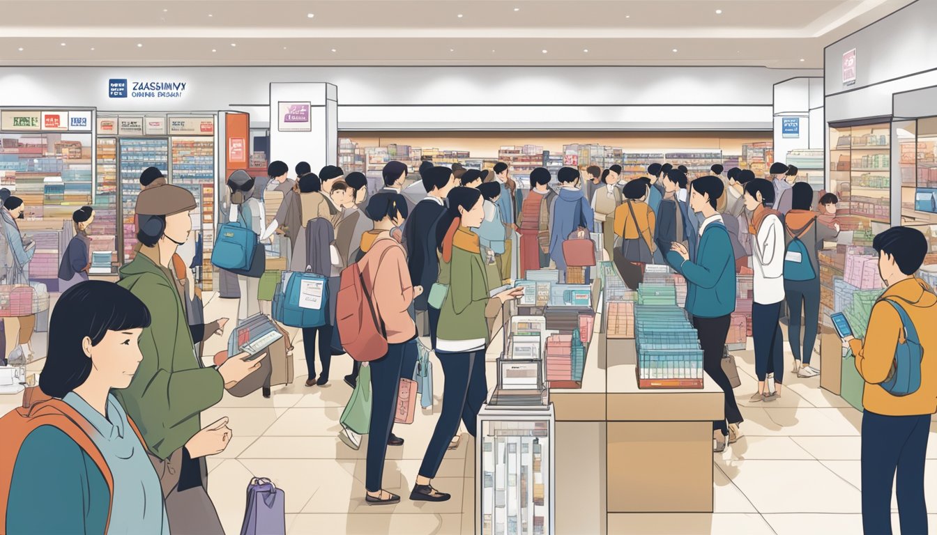 A crowded Takashimaya store with shoppers holding American Express cards, browsing products and asking staff about the DBS Takashimaya American Express Card