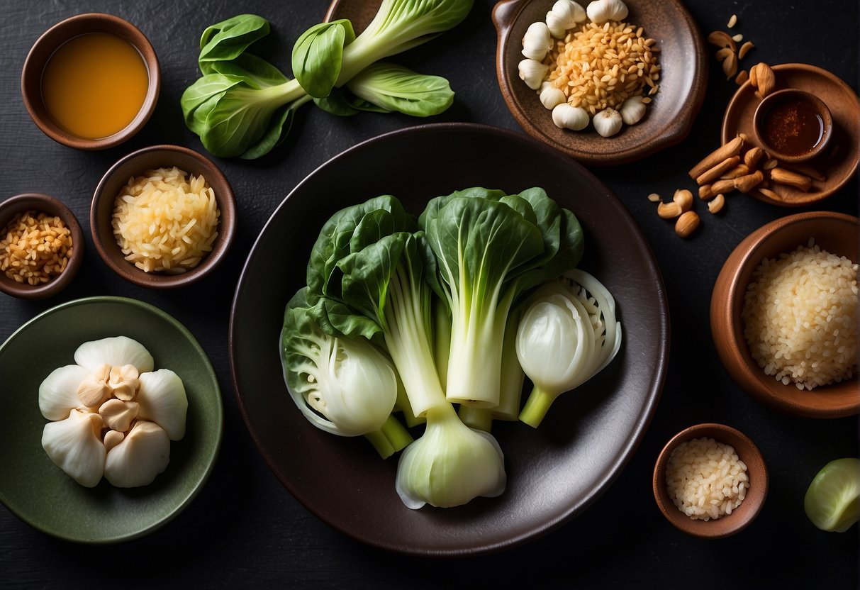 A table with various Chinese side dish ingredients: bok choy, garlic, ginger, soy sauce, oyster sauce, and sesame oil