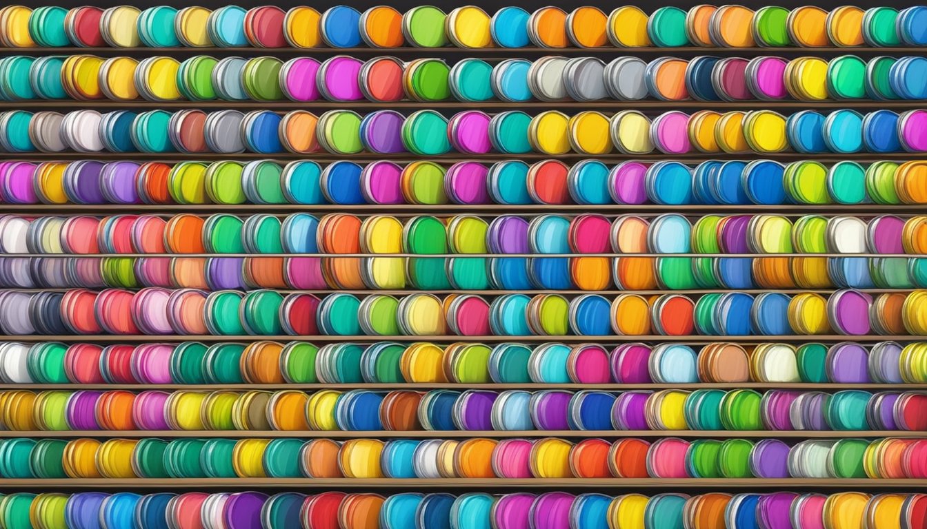 Vibrant paint cans stacked neatly on shelves, displaying a variety of colors and brand names in a well-lit art supply store in Singapore