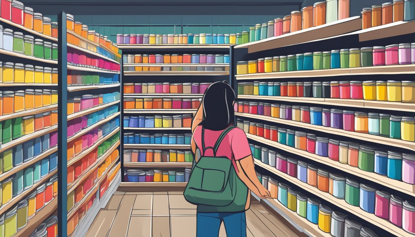 A person browsing shelves of colorful paint cans in a Singaporean store