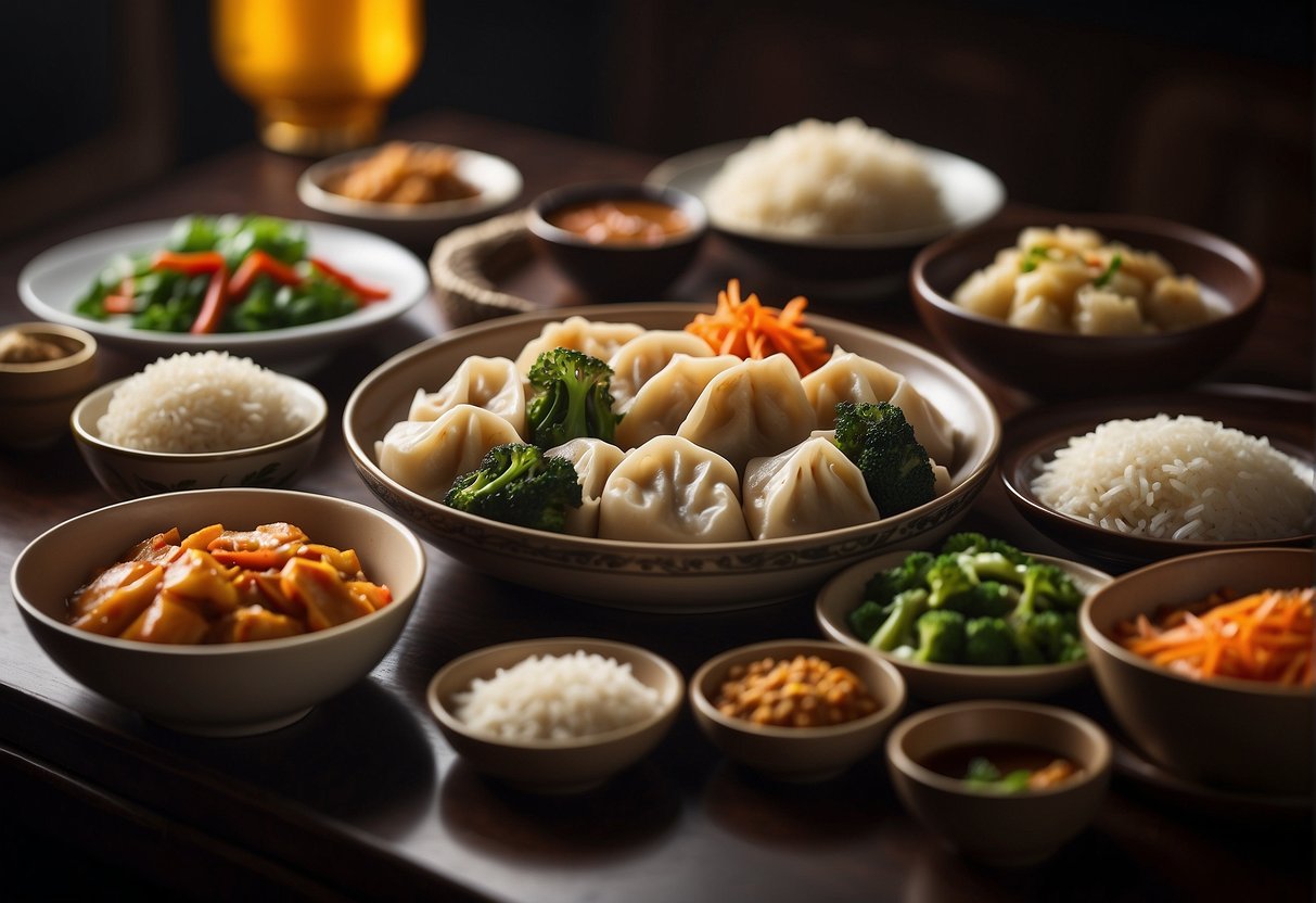 A table set with various Chinese side dishes, including stir-fried vegetables, steamed dumplings, and rice, showcasing the diversity of dietary considerations in Chinese cooking