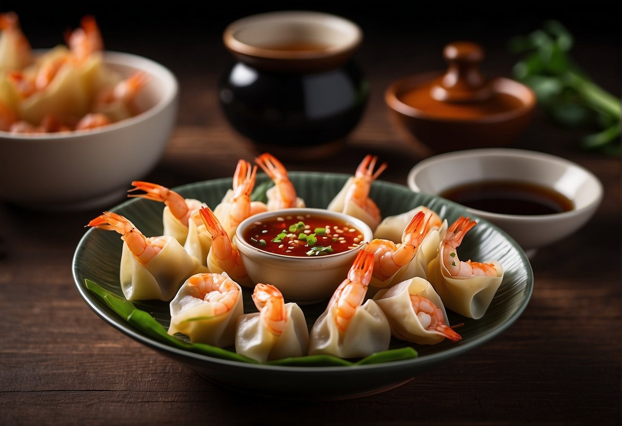 A table set with a steaming bamboo steamer filled with delicate shrimp wontons, accompanied by small dipping bowls of soy sauce and chili oil